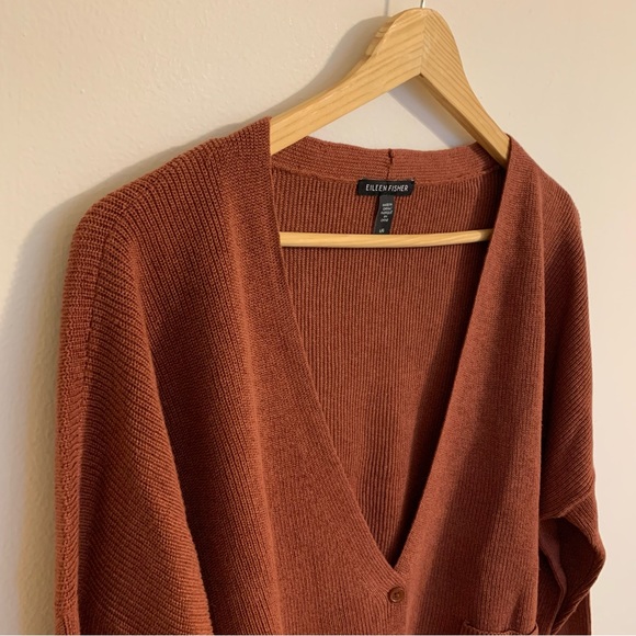 NEW Eileen Fisher Organic Cotton Linen V-Neck Cardigan in Red Plum, Size L - Picture 3 of 11
